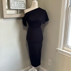ASOS DESIGN Off The Shoulder Pleat Waist Detail Pencil Midi Dress Black NWT